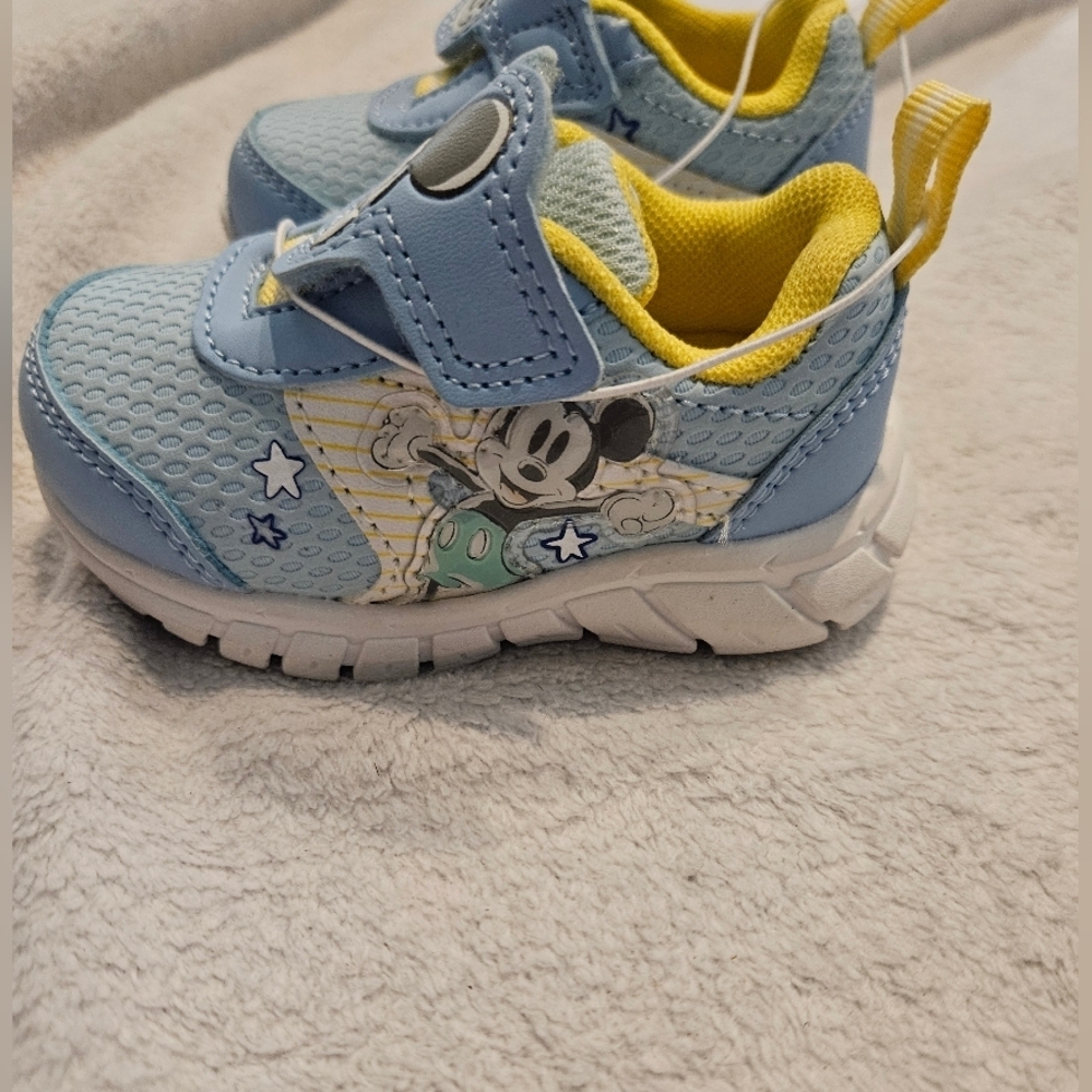 Disney Mickey Mouse Infants Blue Yellow Velcro Strap Walking Sneakers 3 - Picture 4 of 8